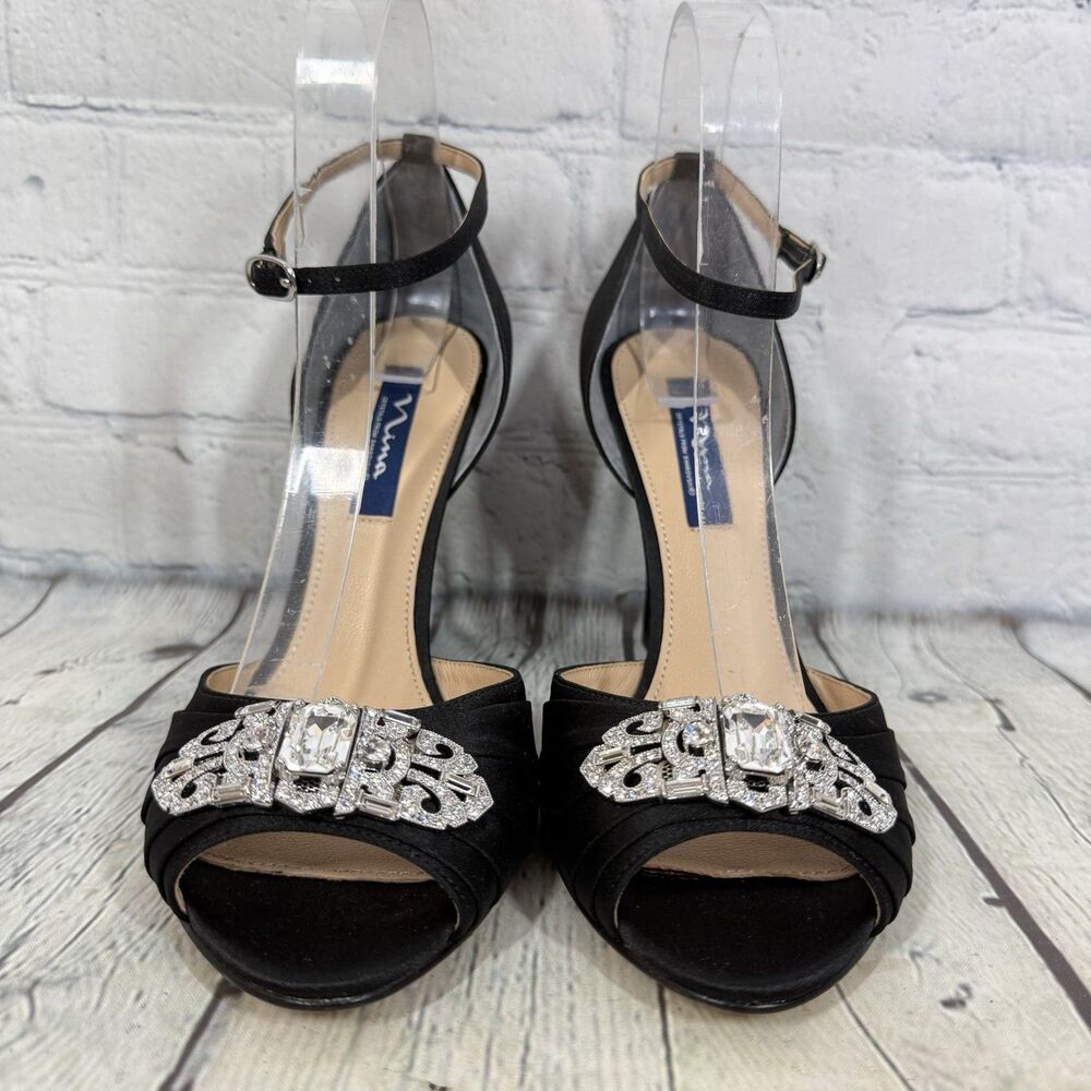 Nina Black Satin Rhinestone Wedge Heels Womens Size 10 Evening Prom Wedding